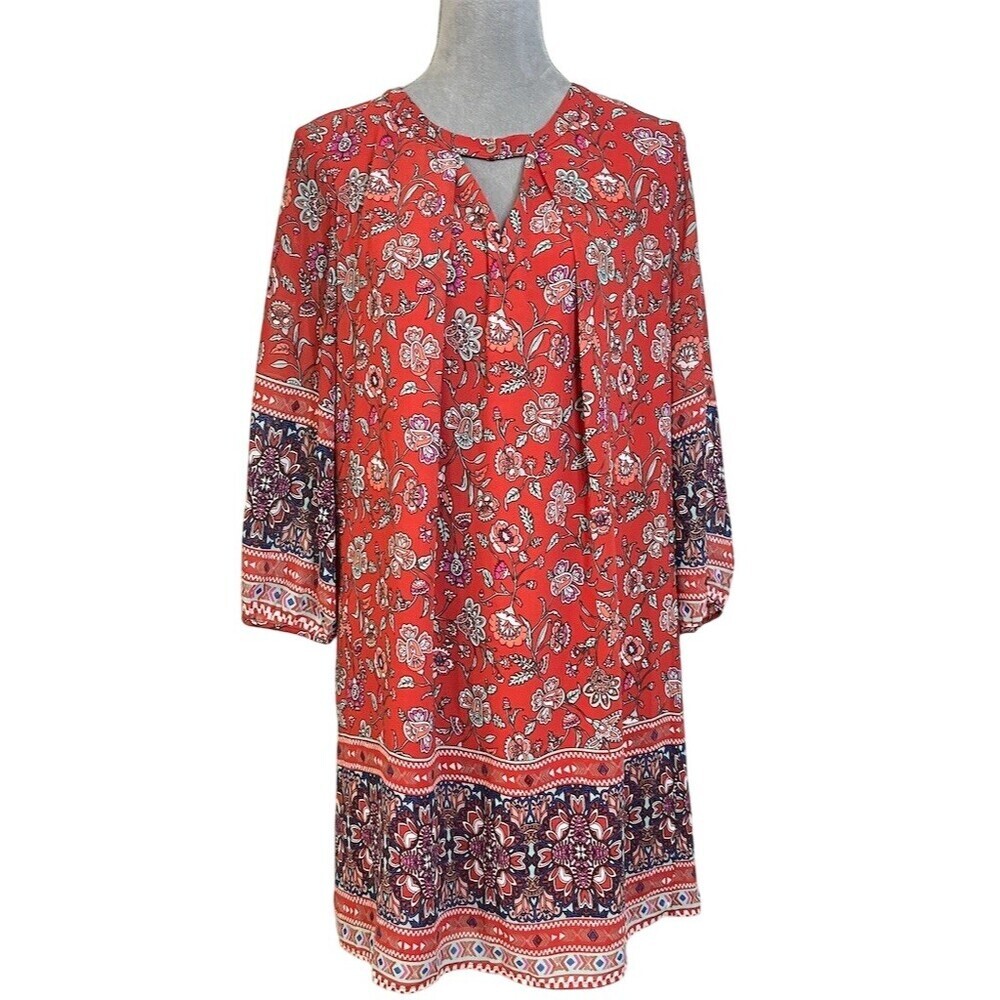 Boho Shift Floral Midi Dress M Red Summer Spring Workwear Brunch